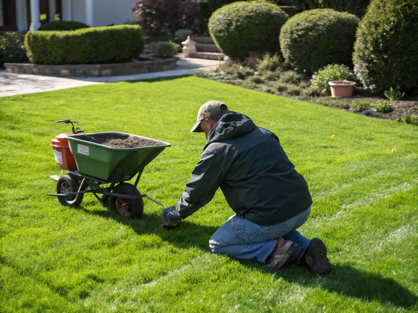 A vibrant green lawn being fertilized, highlighting the effectiveness of Eternal Lawn's fertilization and weed control program.