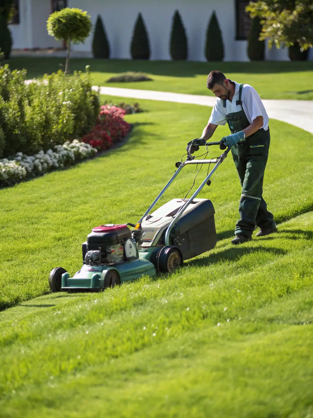 A lush green lawn being mowed by a professional crew with commercial-grade equipment, showcasing the precision and care taken during the service.