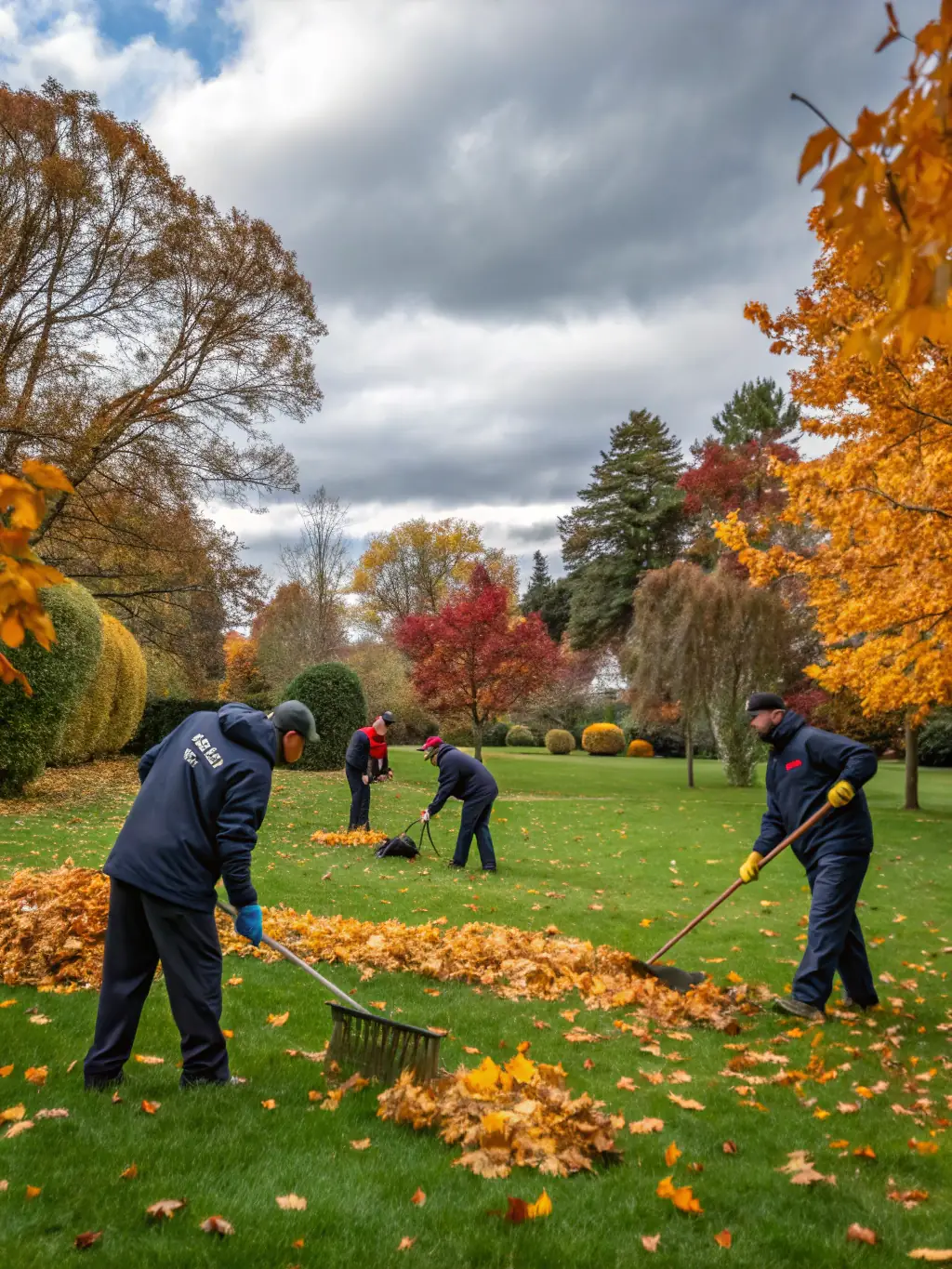 A team clearing fallen leaves from a well-kept yard in autumn, demonstrating the thoroughness of the seasonal cleanup service.
