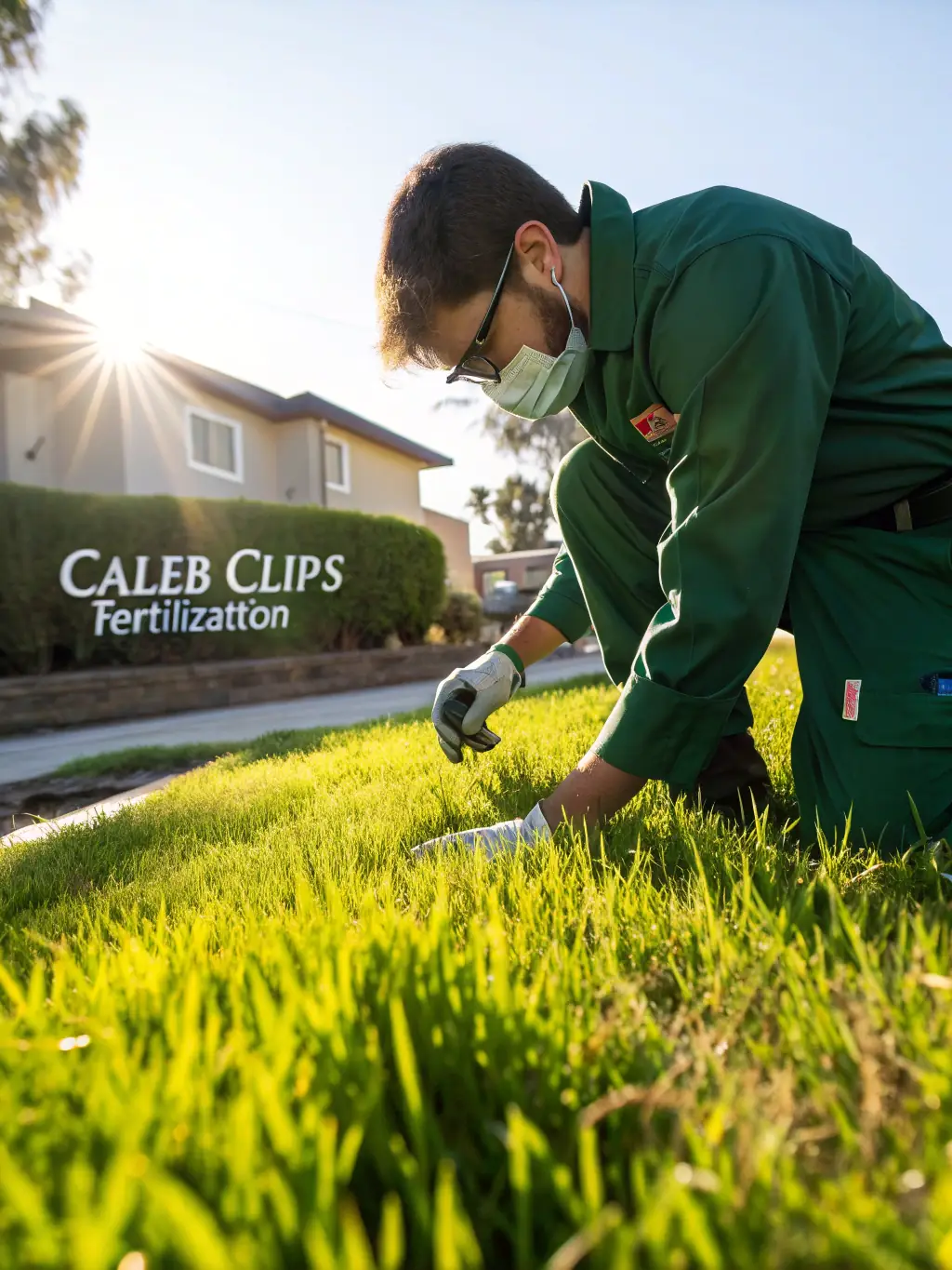 Close-up of a healthy, vibrant lawn with a technician applying fertilizer, highlighting the effectiveness of the fertilization and weed control treatments.
