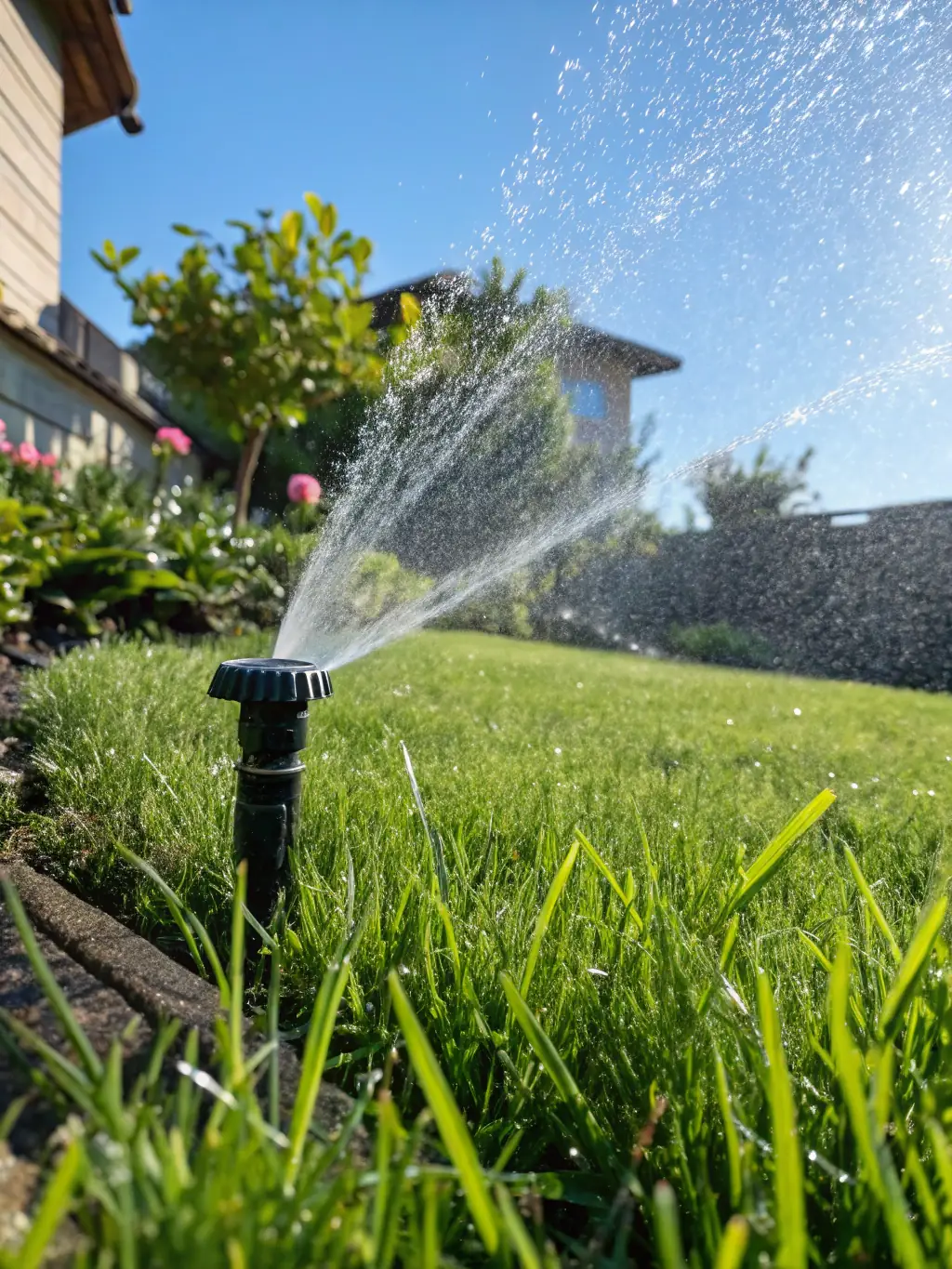 A sprinkler system irrigating a healthy green lawn, showcasing the importance of proper watering for lawn health.
